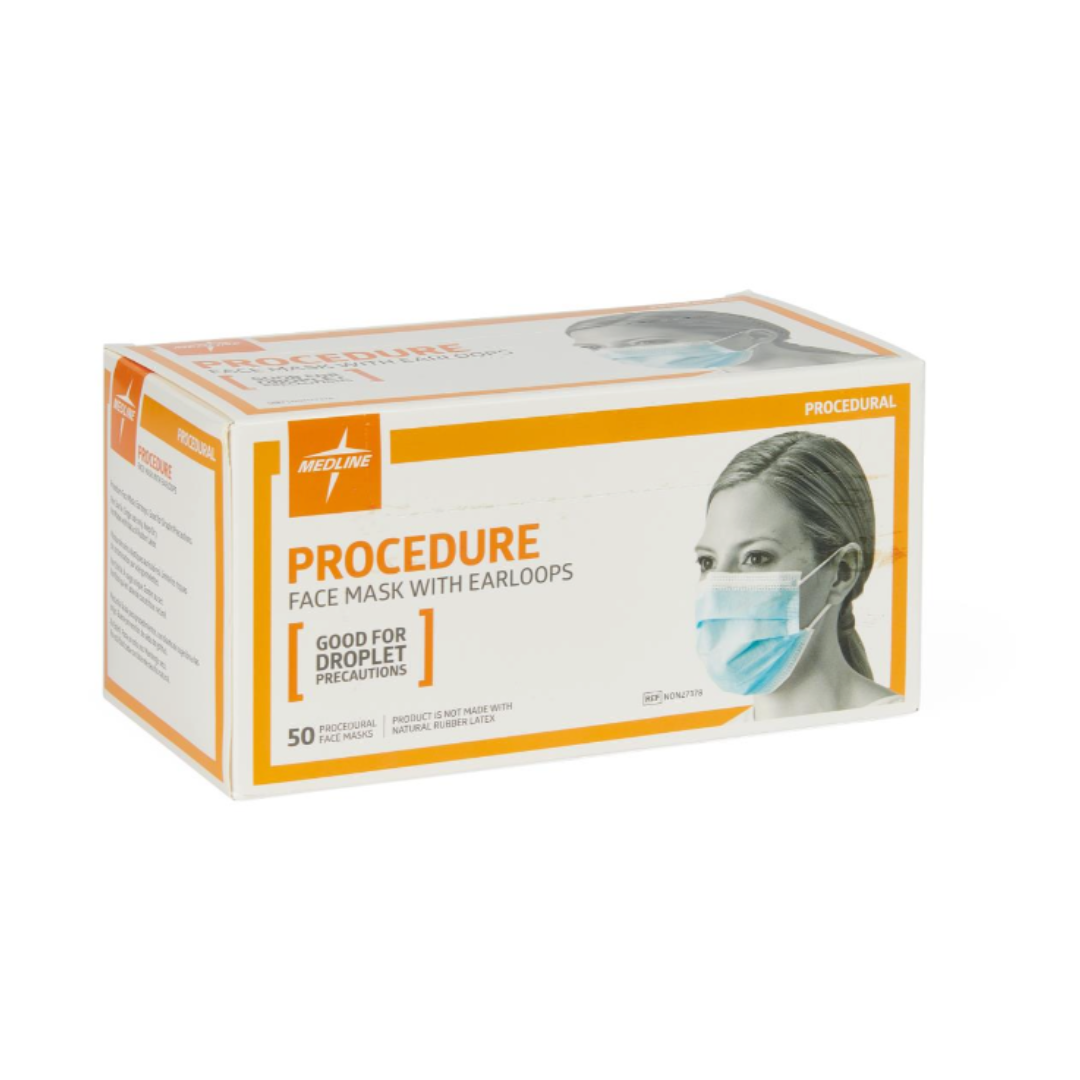 A box of Medline ASTM Level 1 Procedure Face Mask with Ear Loops features white and orange packaging with a woman wearing a blue mask. Contains 50 masks, ideal for droplet precautions.