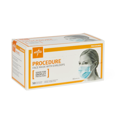 A box of Medline ASTM Level 1 Procedure Face Mask with Ear Loops features white and orange packaging with a woman wearing a blue mask. Contains 50 masks, ideal for droplet precautions.