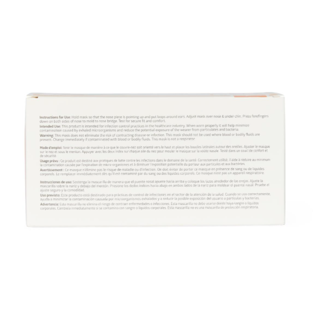 A white box of Medline ASTM Level 1 Procedure Face Mask with Ear Loops shows instructions, warnings, and usage info in English, French, and Spanish in small black text. The box is photographed against a white background.