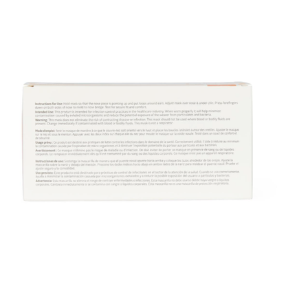 A white box of Medline ASTM Level 1 Procedure Face Mask with Ear Loops shows instructions, warnings, and usage info in English, French, and Spanish in small black text. The box is photographed against a white background.