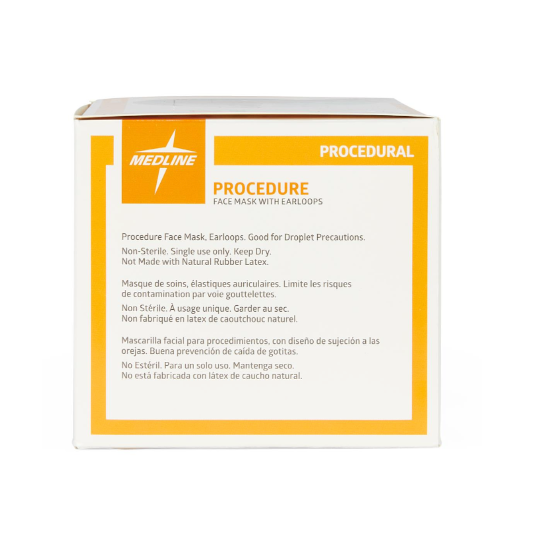 A white box with orange accents labeled "Medline ASTM Level 1 Procedure Face Mask with Ear Loops" contains latex-free masks. Usage instructions are included in English, French, and Spanish.