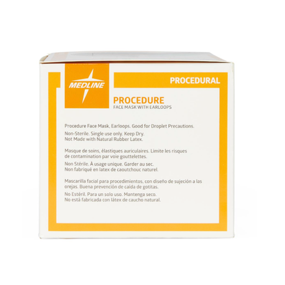 A white box with orange accents labeled "Medline ASTM Level 1 Procedure Face Mask with Ear Loops" contains latex-free masks. Usage instructions are included in English, French, and Spanish.
