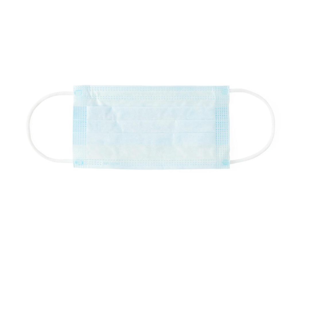A Medline ASTM Level 1 Procedure Face Mask with ear loops in light blue, featuring white ear loops, displayed flat on a white background.