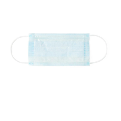 A Medline ASTM Level 1 Procedure Face Mask with ear loops in light blue, featuring white ear loops, displayed flat on a white background.