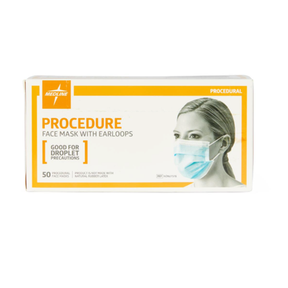 A box of Medline ASTM Level 1 Procedure Face Mask with Ear Loops contains 50 white and yellow masks. The packaging features a woman wearing a blue mask and states, "Good for Droplet Precautions." Made by Medline.