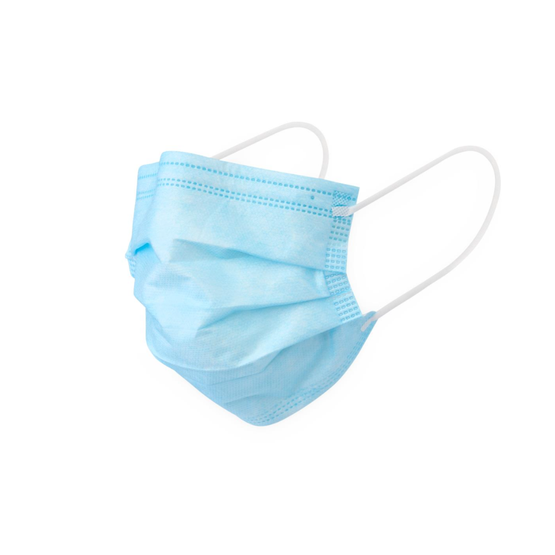 The Medline ASTM Level 3 Procedure Face Mask with Ear Loops is light blue with white elastic ear loops, pleated for comfort, and designed to cover the nose and mouth. Shown against a white background.