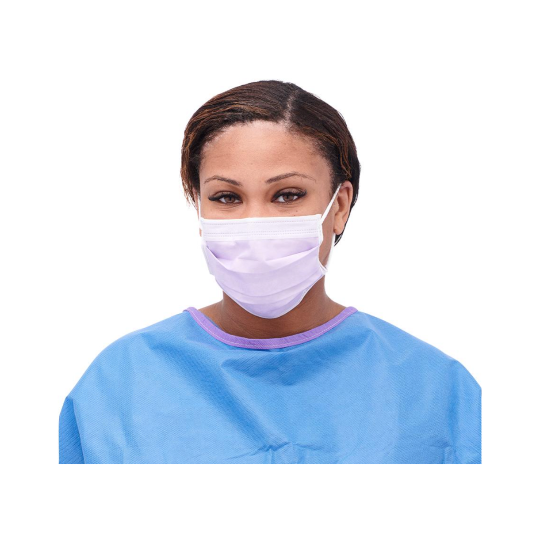 A person wearing a blue medical gown and a Medline ASTM Level 3 Procedure Face Mask with ear loops, looking forward against a white background.