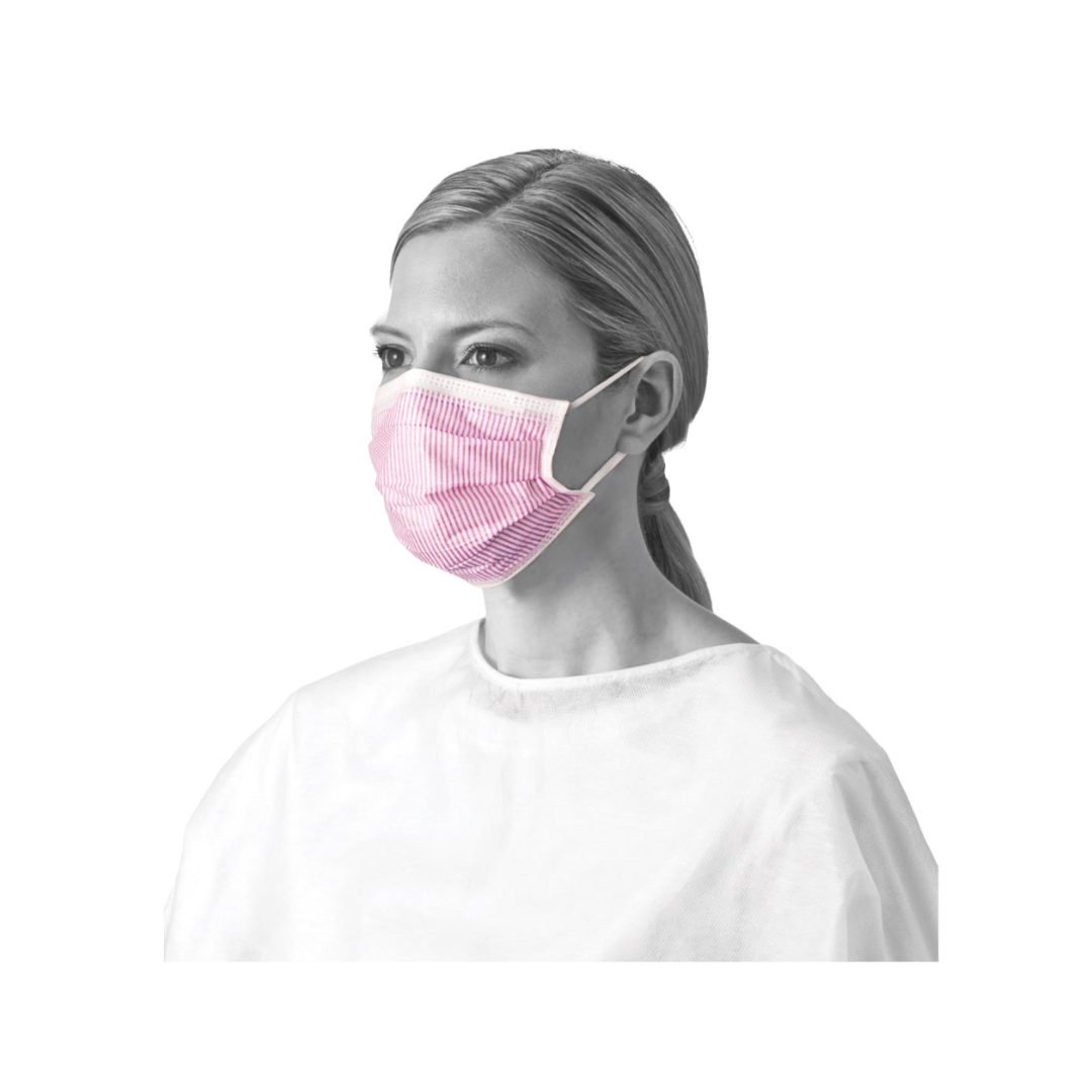 A woman with light hair pulled back, wearing a white top and a Medline ASTM Level 3 Procedure Face Mask with ear loops, looks slightly to the side against a plain white background.