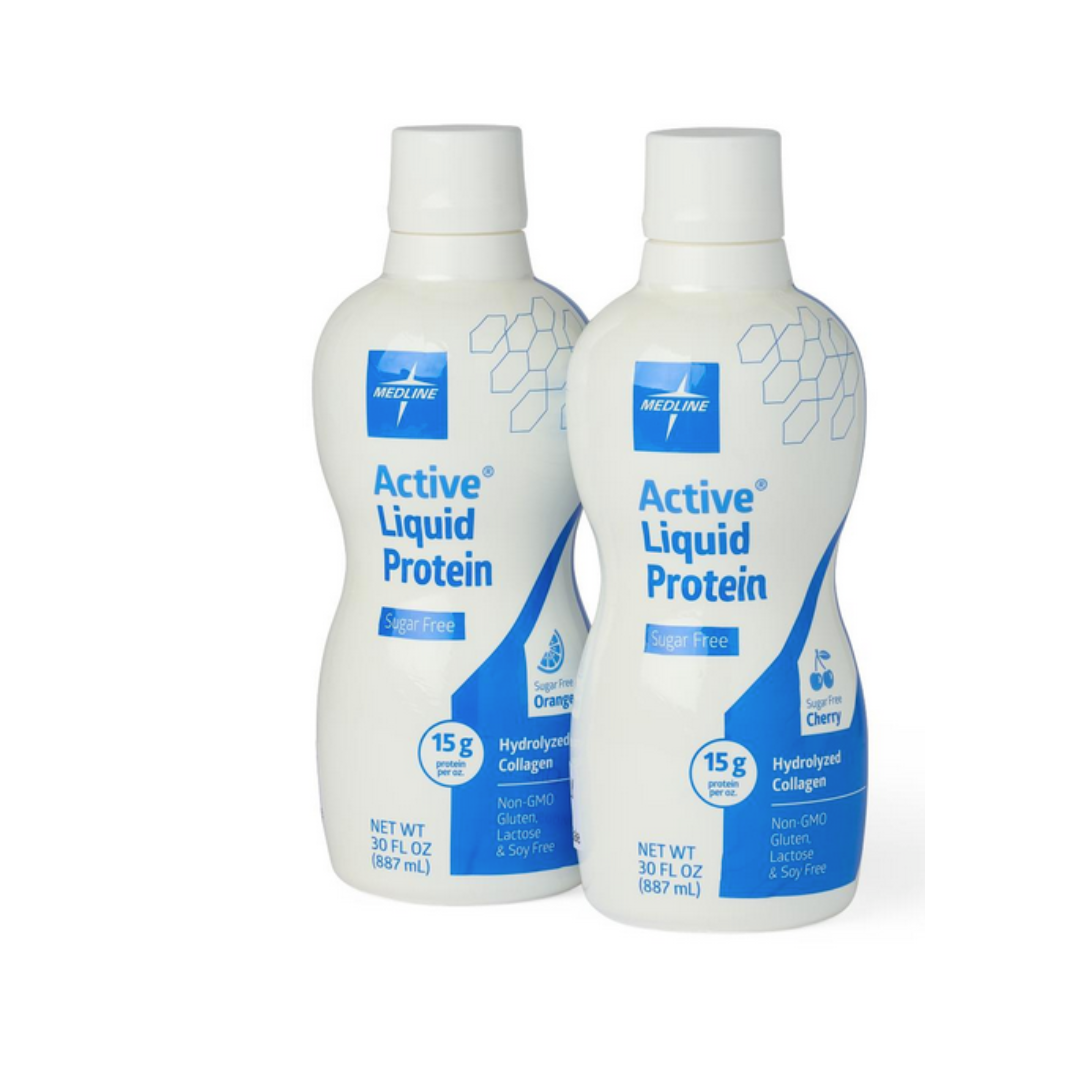 Two white bottles of Medline Active Liquid Protein Nutritional Supplement: one orange and one cherry flavor. Each sugar-free, lactose-free bottle contains hydrolyzed collagen, 15g protein per serving, and holds 30 fl oz (887 mL).