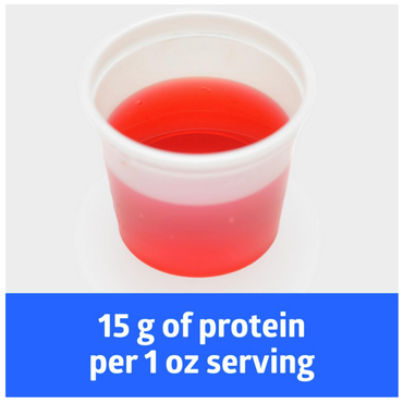 Medline Active Liquid Protein Nutritional Supplement comes in a small plastic cup with red liquid and features "15 g of protein per 1 oz serving" on a blue background. This lactose-free, high-protein liquid supplement is ideal for boosting your protein intake.