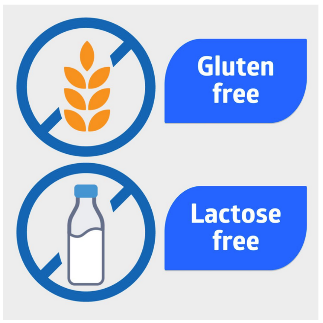 Two icons—one with a crossed-out wheat labeled Gluten free, and another with a crossed-out milk bottle labeled Lactose free—show that Medline Active Liquid Protein Nutritional Supplement is suitable for gluten- and lactose-free diets.