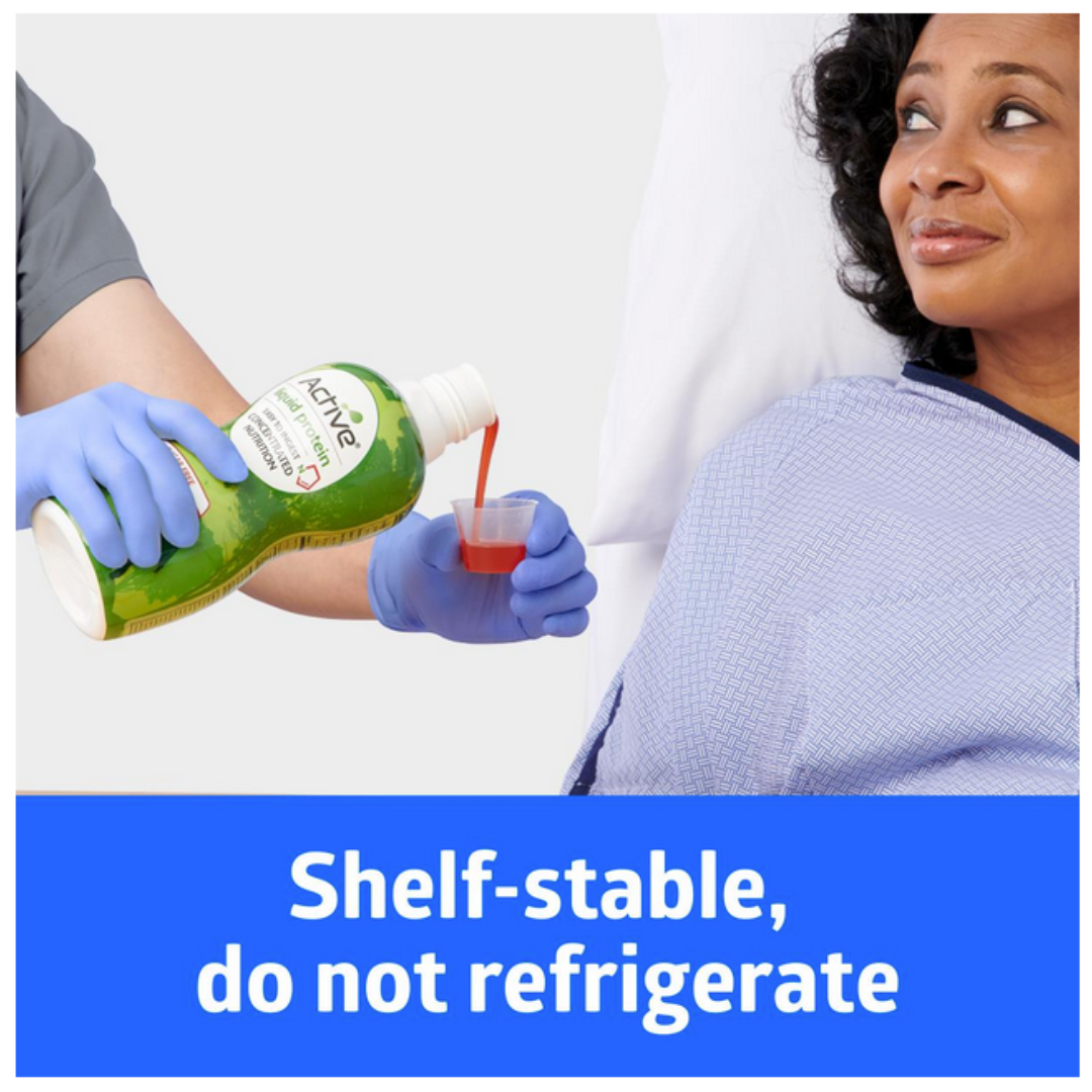 A person in medical gloves pours Medline Active Liquid Protein Nutritional Supplement from a green bottle into a cup while a woman in a hospital gown smiles in bed. Text reads: Shelf-stable, do not refrigerate.