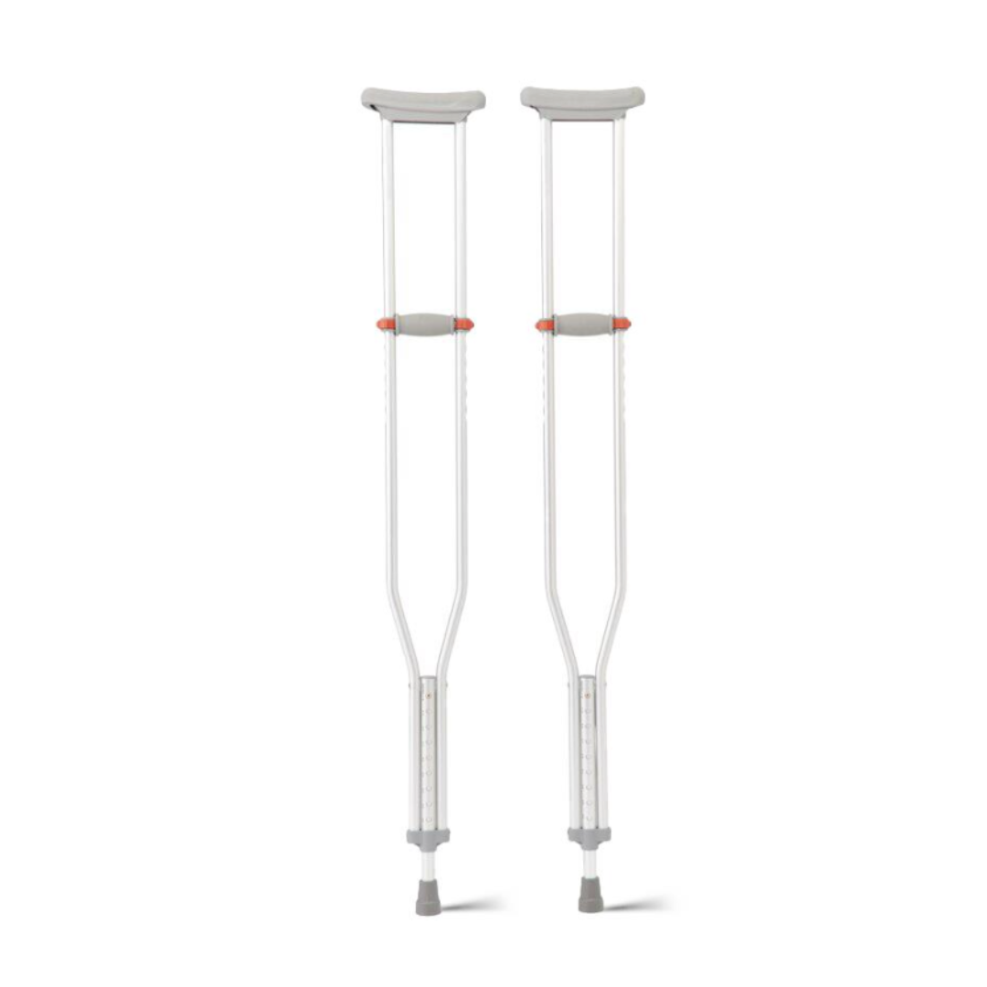 Medline Aluminum Crutches with Red Dot Hand Grip feature adjustable height via push-button, gray rubber padding, and sturdy rubber tips. The lightweight aluminum crutches are shown upright on a white background.