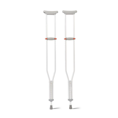 Medline Aluminum Crutches with Red Dot Hand Grip feature adjustable height via push-button, gray rubber padding, and sturdy rubber tips. The lightweight aluminum crutches are shown upright on a white background.