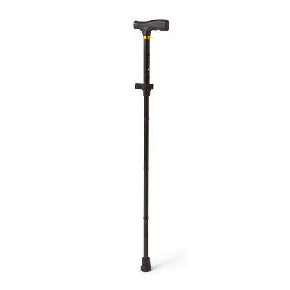 The Medline Aluminum Folding T-Handle Cane, featuring a black, lightweight design with a curved handle and rubber tip, stands upright against a plain white background.