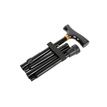The Medline Aluminum Folding T-Handle Cane, shown in black, features adjustable height, a curved T-handle, lightweight construction, and collapses for portability with a secure Velcro strap.