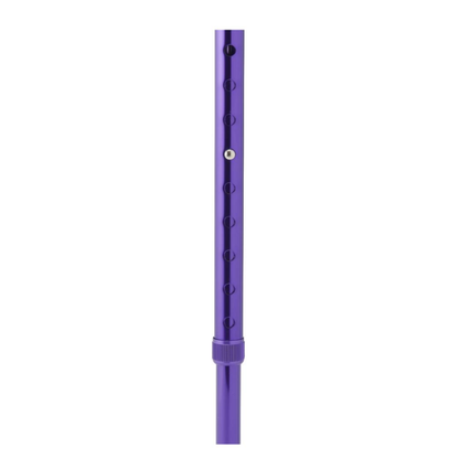 A close-up of the Medline Aluminum Offset Cane with Gel Grip, showing its shiny purple shaft, evenly spaced adjustment holes, and a ridged ring at the bottom for easy height customization.