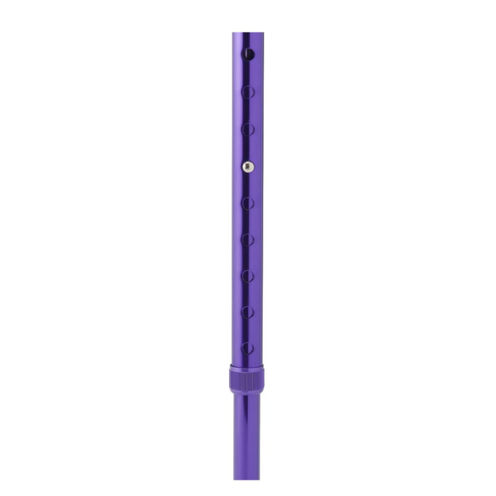 A close-up of the Medline Aluminum Offset Cane with Gel Grip, showing its shiny purple shaft, evenly spaced adjustment holes, and a ridged ring at the bottom for easy height customization.