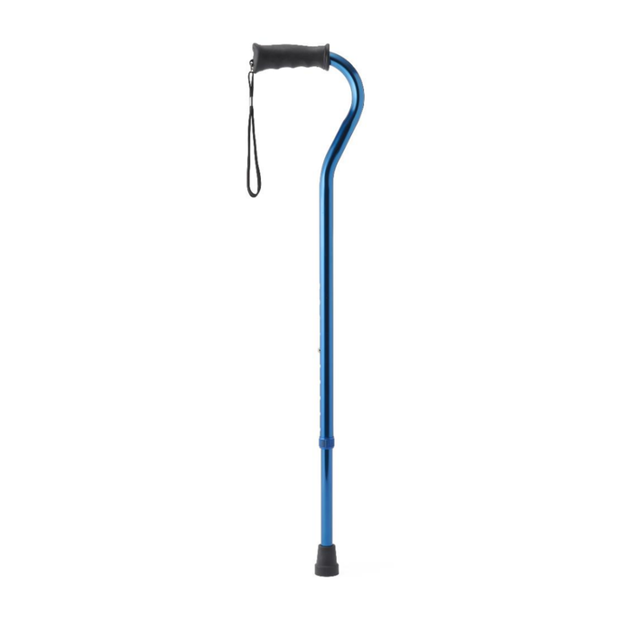 The Medline Aluminum Offset Cane with Gel Grip is a blue, height-adjustable cane featuring a black ergonomic handle, wrist strap, and non-slip rubber tip for daily mobility and support, shown against a white background.
