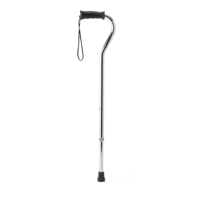 The Medline Aluminum Offset Cane with Gel Grip, in silver with a black rubber tip and wrist strap, stands upright against a plain white background.