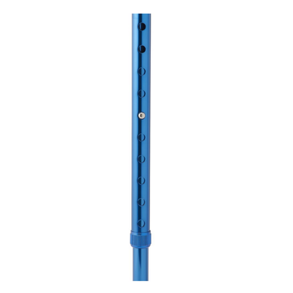 Close-up of a blue Medline Aluminum Offset Cane with Gel Grip, featuring multiple holes and a small silver button for easy height adjustment, set against a white background.
