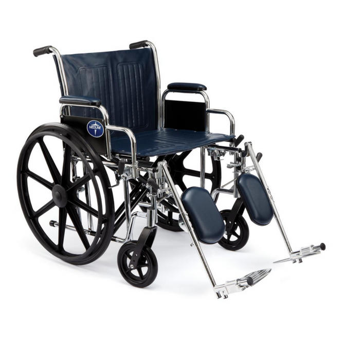 The Medline Bariatric Extra-Wide Wheelchair has large black rear wheels, smaller front wheels, a navy vinyl padded seat and backrest, armrests, adjustable footrests, and a durable carbon steel frame with a logo tag on the side.