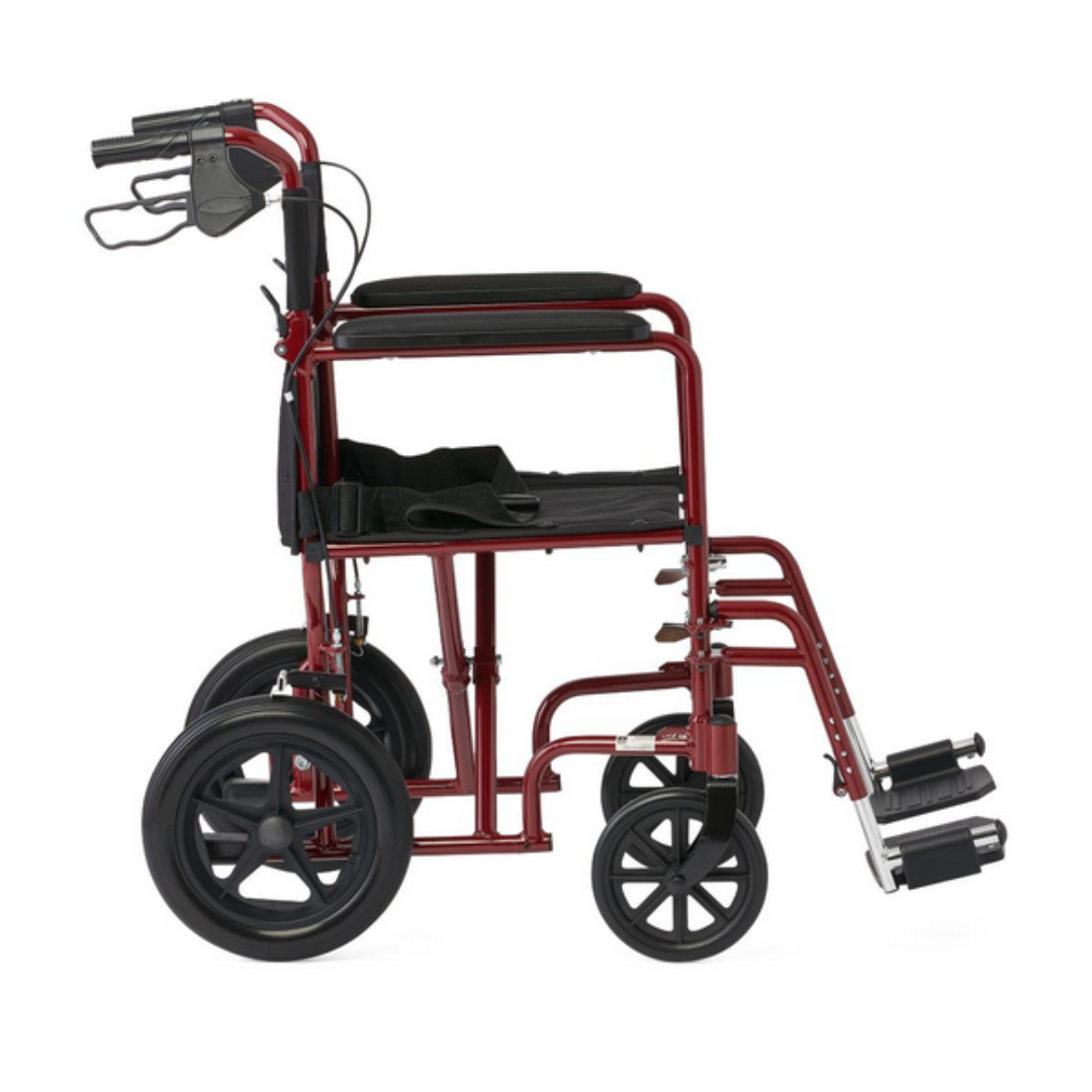 The Medline Lightweight Aluminum Transport Chair with 12 wheels is red and includes a black seat, padded push handles, and easy-use hand brakes. It has adjustable footrests, four black wheels, and a foldable frame for effortless portability and improved mobility.