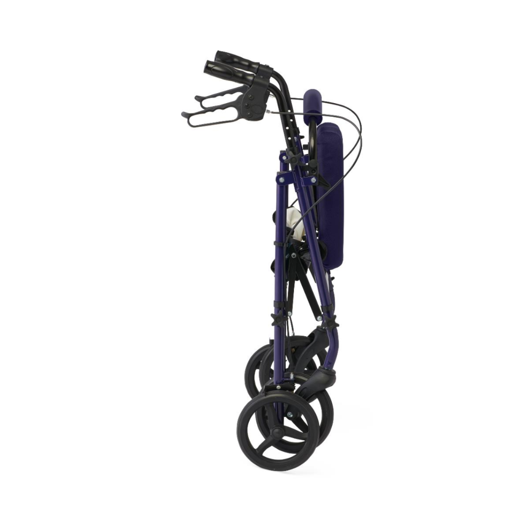 The Medline Basic Lightweight Steel Folding Rollator is shown folded from the side, featuring a purple design with black handles and four small black wheels, emphasizing its compactness and portability.