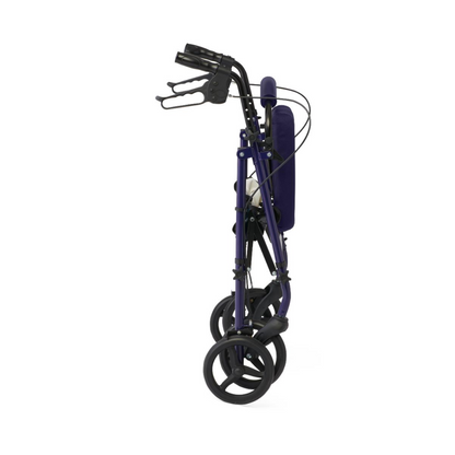 The Medline Basic Lightweight Steel Folding Rollator is shown folded from the side, featuring a purple design with black handles and four small black wheels, emphasizing its compactness and portability.