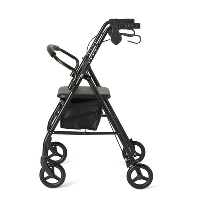 The Medline Basic Lightweight Steel Folding Rollator, shown in profile against a plain white background, is a black four-wheel mobility aid featuring height-adjustable handlebars, a seat, and an under-seat storage pouch.