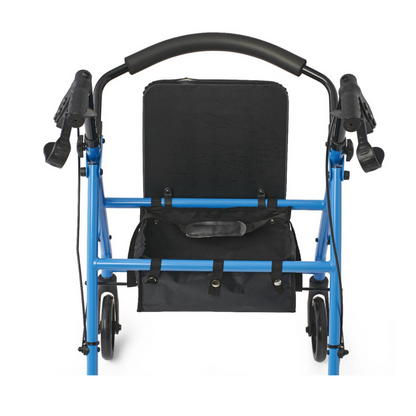 The Medline Basic Lightweight Steel Folding Rollator, viewed from the back, is blue with a black cushioned seat and a storage bag underneath. It features four wheels, brake handles, and a curved backrest for support in its compact folding design.