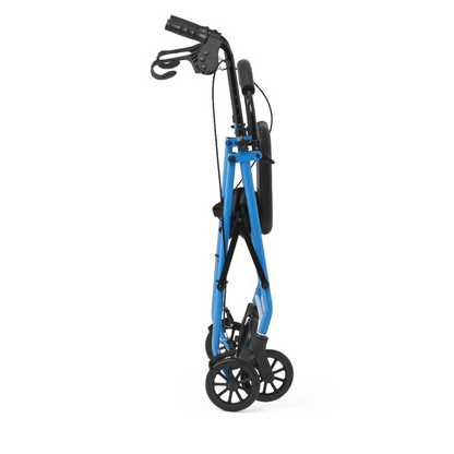 A side view of the Medline Basic Lightweight Steel Folding Rollator, featuring a folded blue frame, black handlebars, and four wheels. Its compact design ensures portability and easy storage.