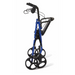 The Medline Basic Lightweight Steel Folding Rollator stands upright against a white background with large black wheels and hand brakes. Its compact folding design makes it a lightweight option thats easy to transport.