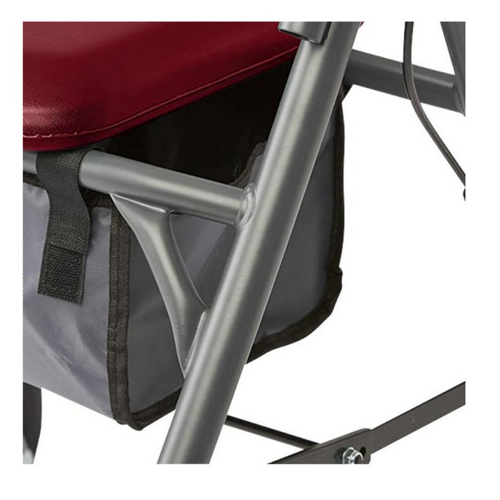 Close-up of a folding chair with a maroon cushioned seat and gray metal frame, akin to Medline Steel Rollators with Microban. A small gray side bag adds convenience, similar to the pockets on these mobility aids.