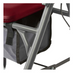 Close-up of a folding chair with a maroon cushioned seat and gray metal frame, akin to Medline Steel Rollators with Microban. A small gray side bag adds convenience, similar to the pockets on these mobility aids.