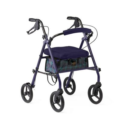 The Medline Steel Rollators with Microban is a blue mobility aid featuring four wheels, handlebars with brakes, and a cushioned seat. It has antimicrobial protection and includes a small plaid storage pouch beneath the seat for added convenience and hygiene.