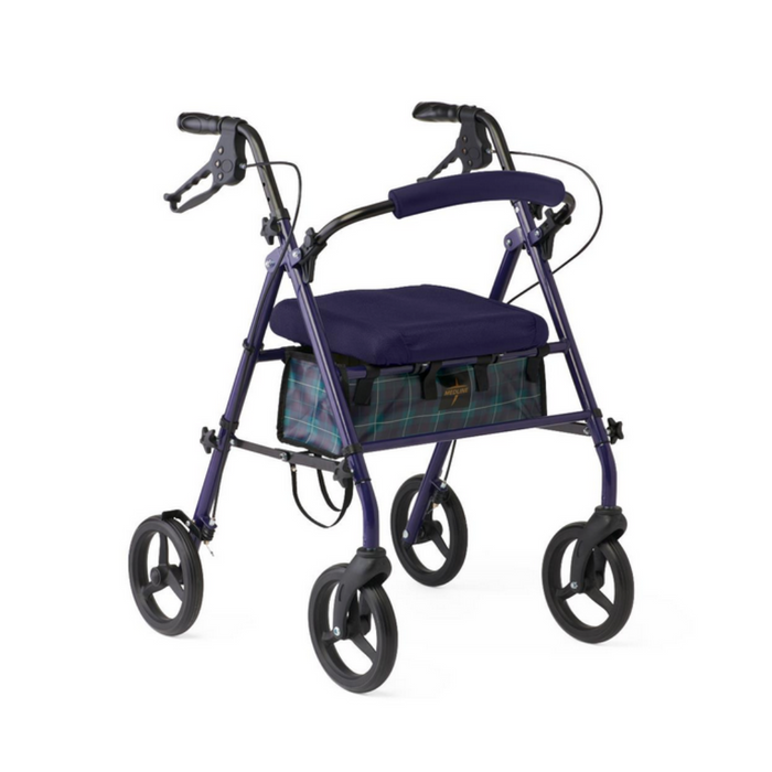 The Medline Steel Rollators with Microban is a blue mobility aid featuring four wheels, handlebars with brakes, and a cushioned seat. It has antimicrobial protection and includes a small plaid storage pouch beneath the seat for added convenience and hygiene.