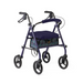 The Medline Steel Rollators with Microban is a blue mobility aid featuring four wheels, handlebars with brakes, and a cushioned seat. It has antimicrobial protection and includes a small plaid storage pouch beneath the seat for added convenience and hygiene.