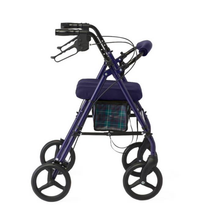 A side view of the Medline Steel Rollator with Microban shows a blue frame, padded seat, plaid storage bag underneath, and hand brakes on the handles for essential mobility support.