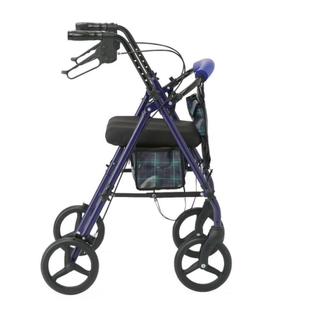 The Medline Steel Rollators with Microban feature a blue design, cushioned seat, plaid storage bag, and hand brakes on both handles to provide excellent mobility support and stability.
