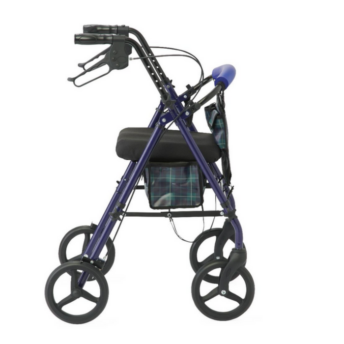 The Medline Steel Rollators with Microban feature a blue design, cushioned seat, plaid storage bag, and hand brakes on both handles to provide excellent mobility support and stability.
