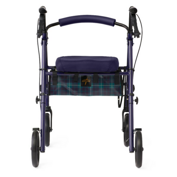 The blue and black Medline Steel Rollator with Microban offers mobility support, with a padded seat, hand brakes for stability, four wheels, and an under-seat basket featuring a plaid pattern.