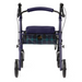 The blue and black Medline Steel Rollator with Microban offers mobility support, with a padded seat, hand brakes for stability, four wheels, and an under-seat basket featuring a plaid pattern.