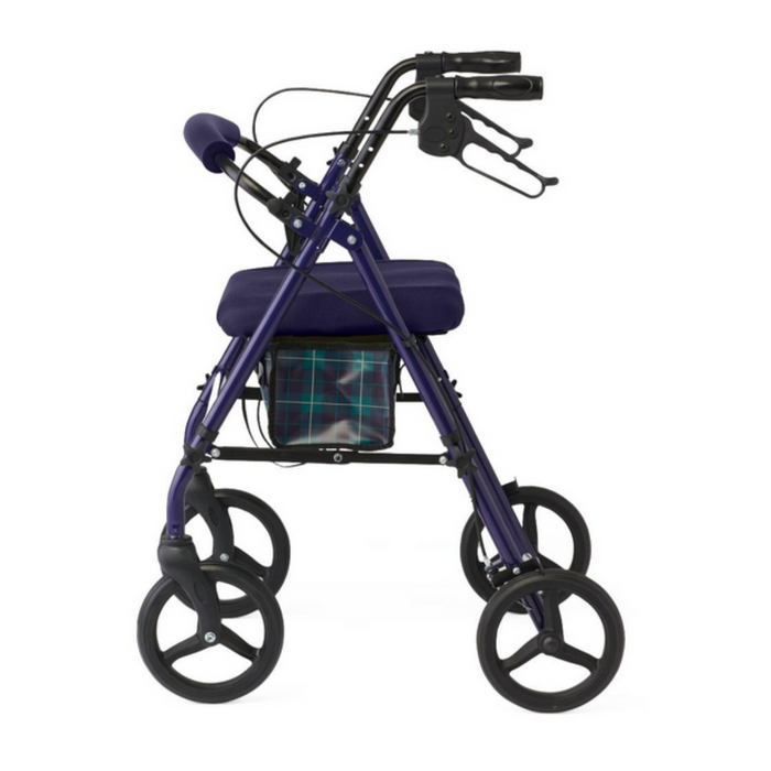The Medline Steel Rollators with Microban comes in blue and includes four large wheels, handlebars with hand brakes, a padded seat, and a storage bag underneath.