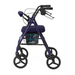 The Medline Steel Rollators with Microban comes in blue and includes four large wheels, handlebars with hand brakes, a padded seat, and a storage bag underneath.