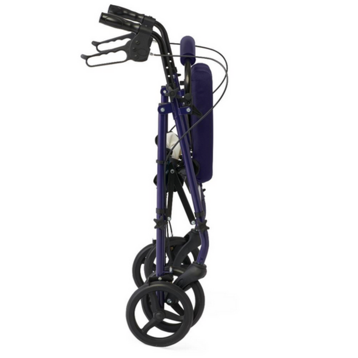 A folded Medline Steel Rollator with Microban, featuring a navy blue frame and four black wheels, is shown from the side. Designed for mobility assistance, it includes hand brakes on the handles and offers a compact design for easy storage and transport.