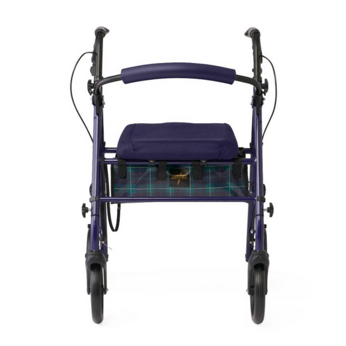 A purple Medline Steel Rollator with Microban, featuring four black wheels, ergonomic handles, and a cushioned seat in a plaid pattern, shown from the front view.