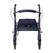 A purple Medline Steel Rollator with Microban, featuring four black wheels, ergonomic handles, and a cushioned seat in a plaid pattern, shown from the front view.