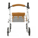 The Medline Steel Rollator with Microban is a white walker featuring black wheels, a brown cushioned seat, and a striped black-and-white back pouch. It offers excellent mobility support with cushioned brown handlebars that include antimicrobial protection for added safety.