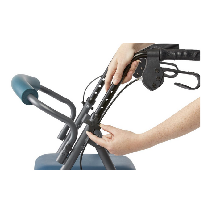 Close-up of hands adjusting the braking mechanism on a Medline Steel Rollators with Microban. The image highlights the handlebar and brake system, designed for exceptional mobility support, with fingers pointing at the adjustment area.